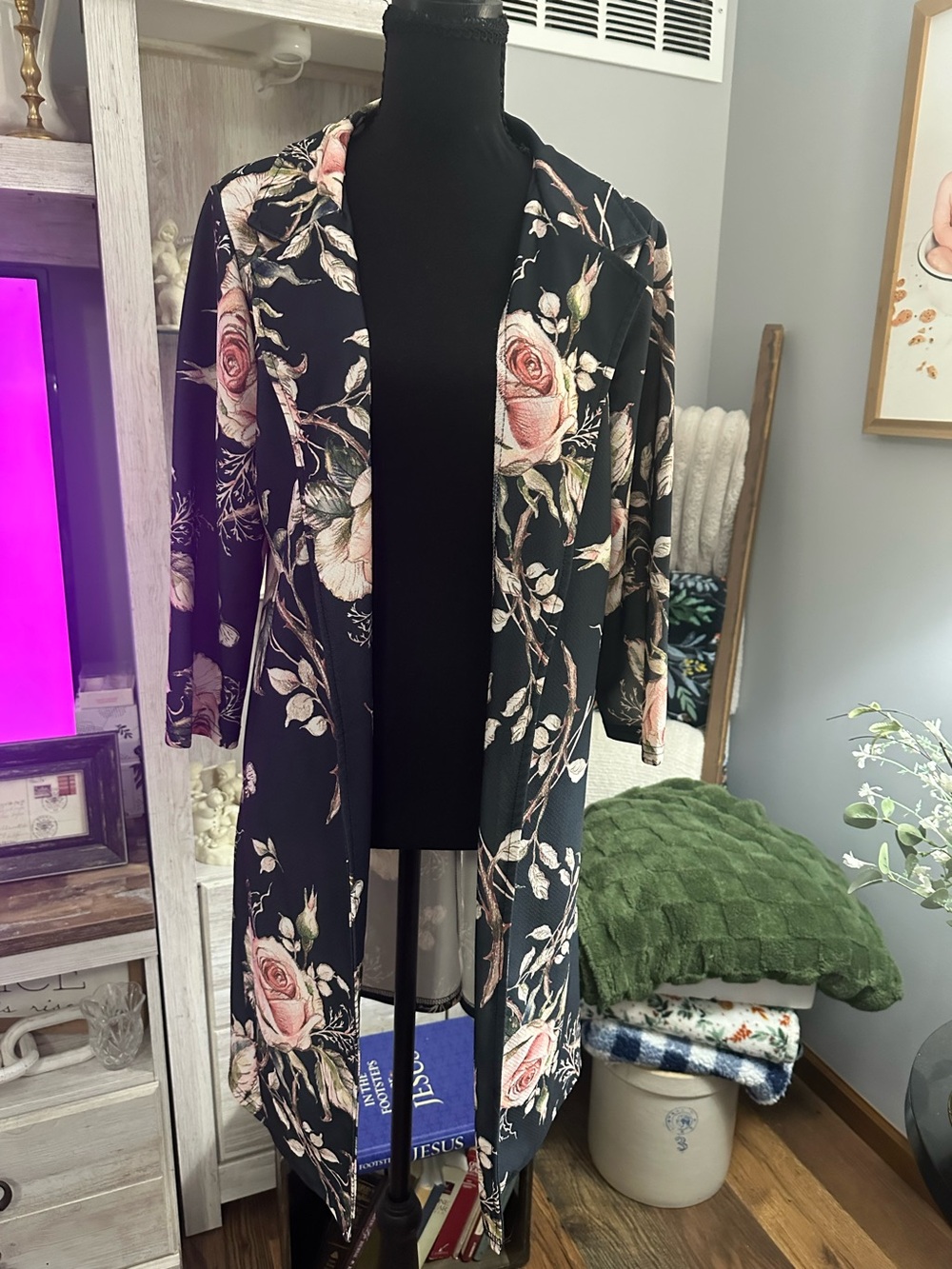 Lily Black Open-Front Blazer with Pink Rose Print